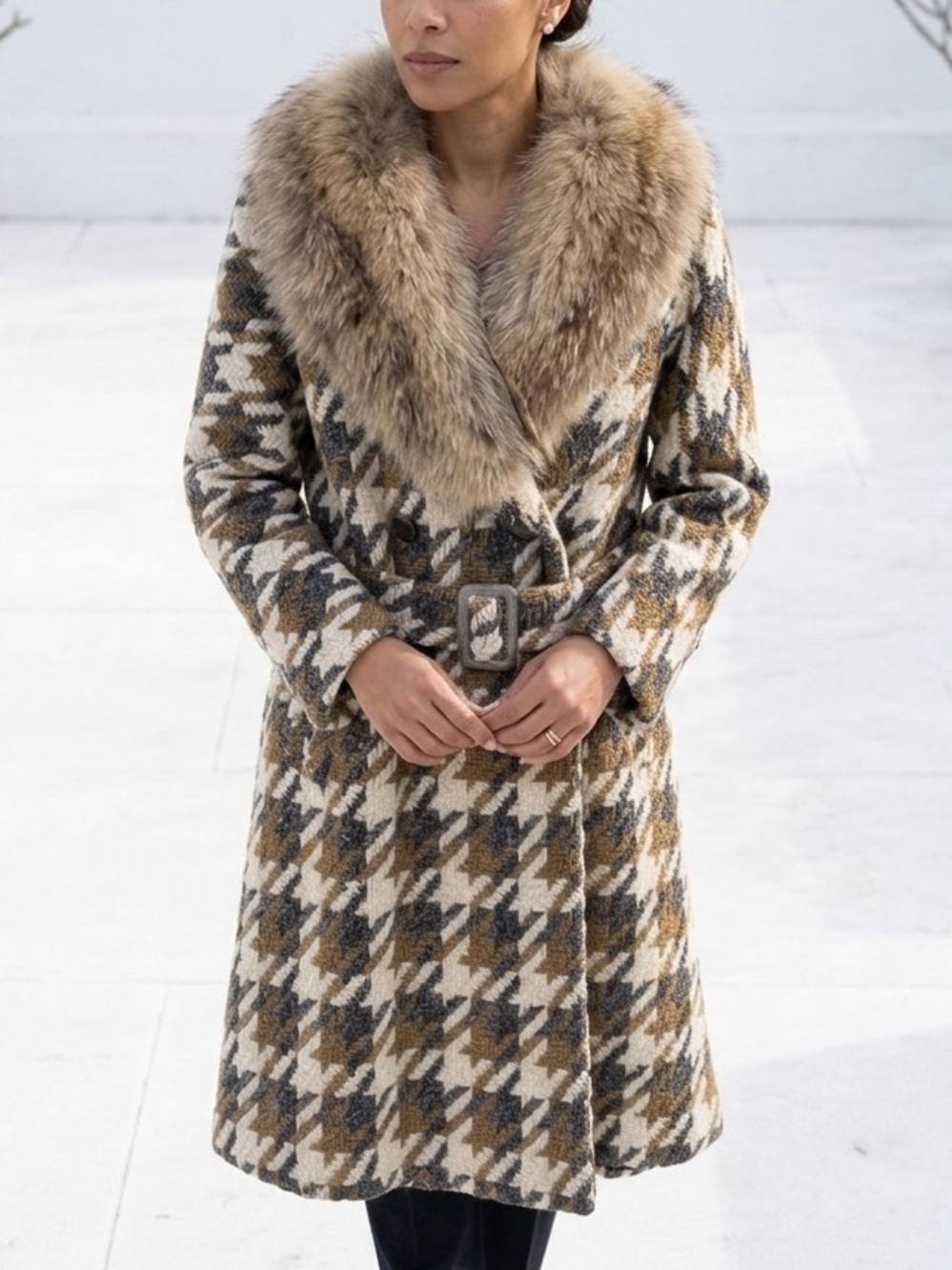 Vintage 1970s Mal-Ber Montreal Wool Houndstooth Coat Fox Fur Belted Canada